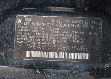 2008 BMW 335Xi from USA, damaged, VIN WBAVD53548A286159